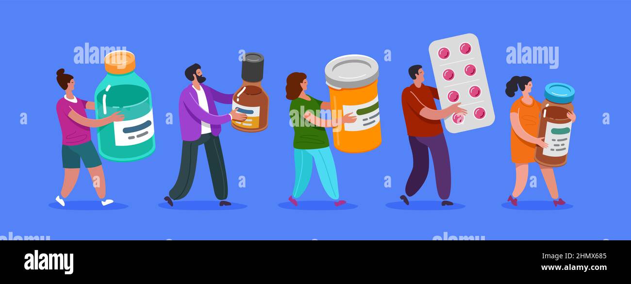 Verkauf von Medikamenten und Pillen an Kunden. Menschen in der Apotheke. Farbe Vektor-Illustration in flachen Cartoon-Stil Stock Vektor