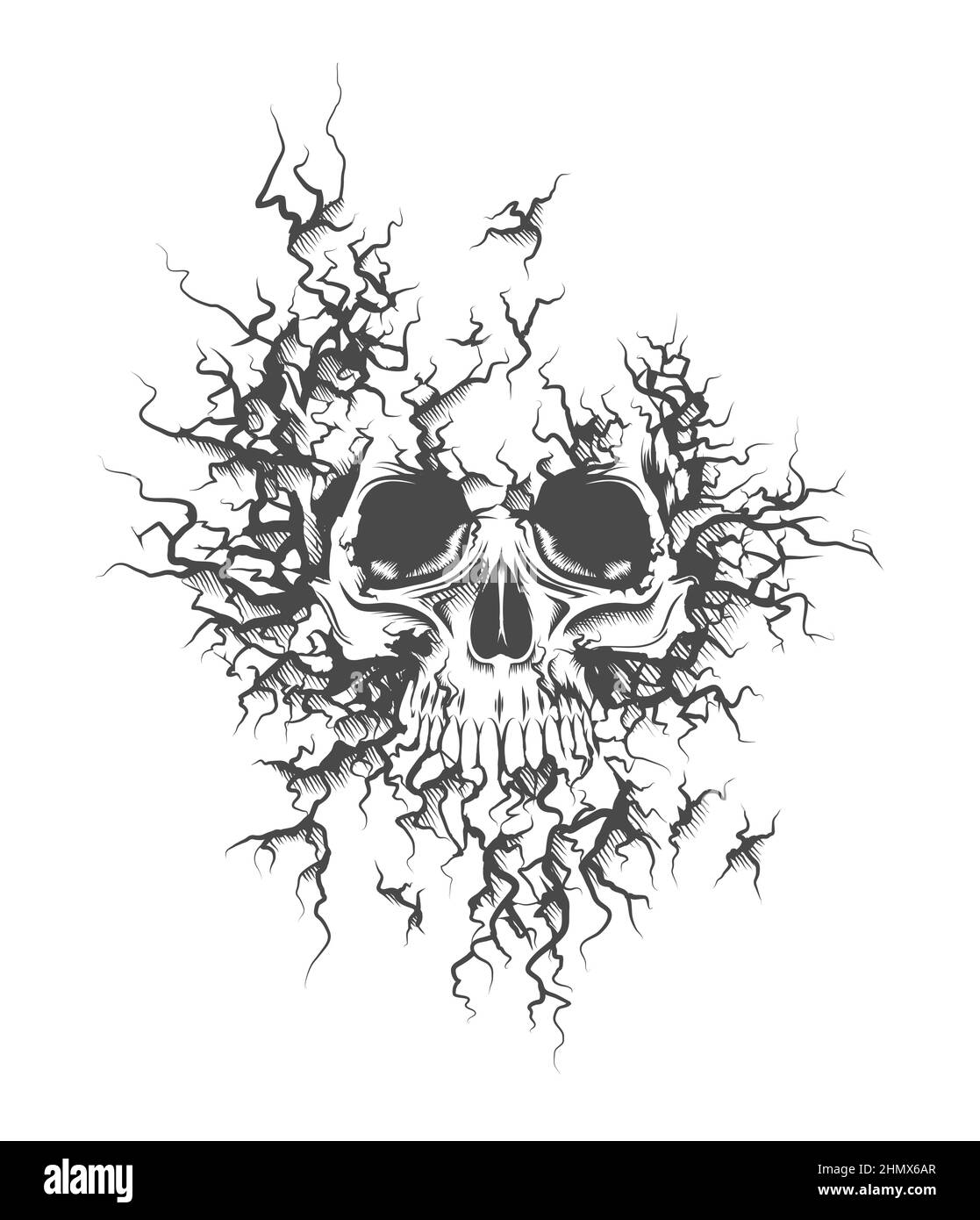 Tattoo of Skull auf rissiger Oberfläche isoliert auf weiß. Vektorgrafik. Stock Vektor