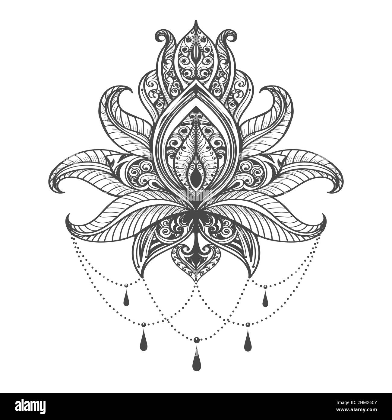 Tattoo von Hand gezeichnet Mehndi Lotus Blume Muster isoliert auf weißem Hintergrund. Stock Vektor
