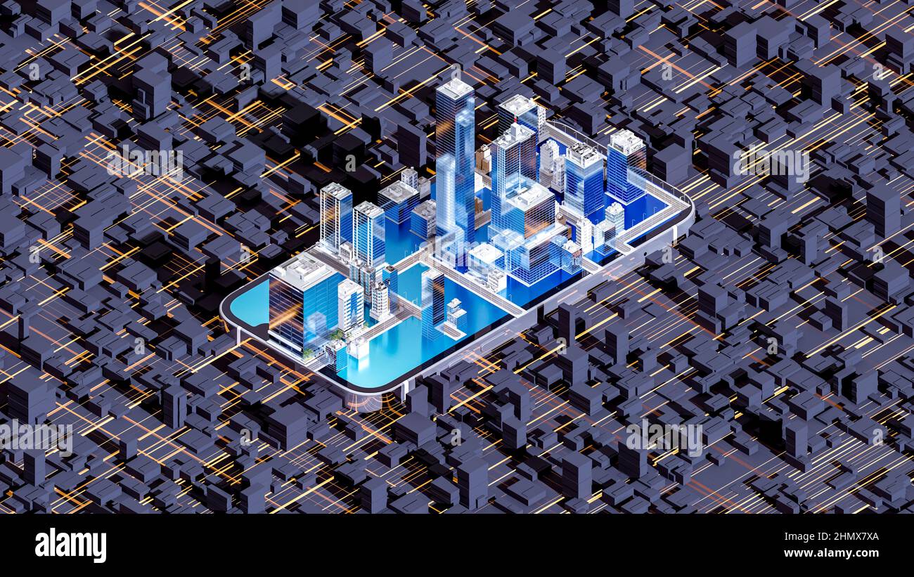 Smartphone mit Smart City Techno Mega City Hintergrund, urbane und futuristische Technologiekonzepte. 3D Rendern. Stockfoto