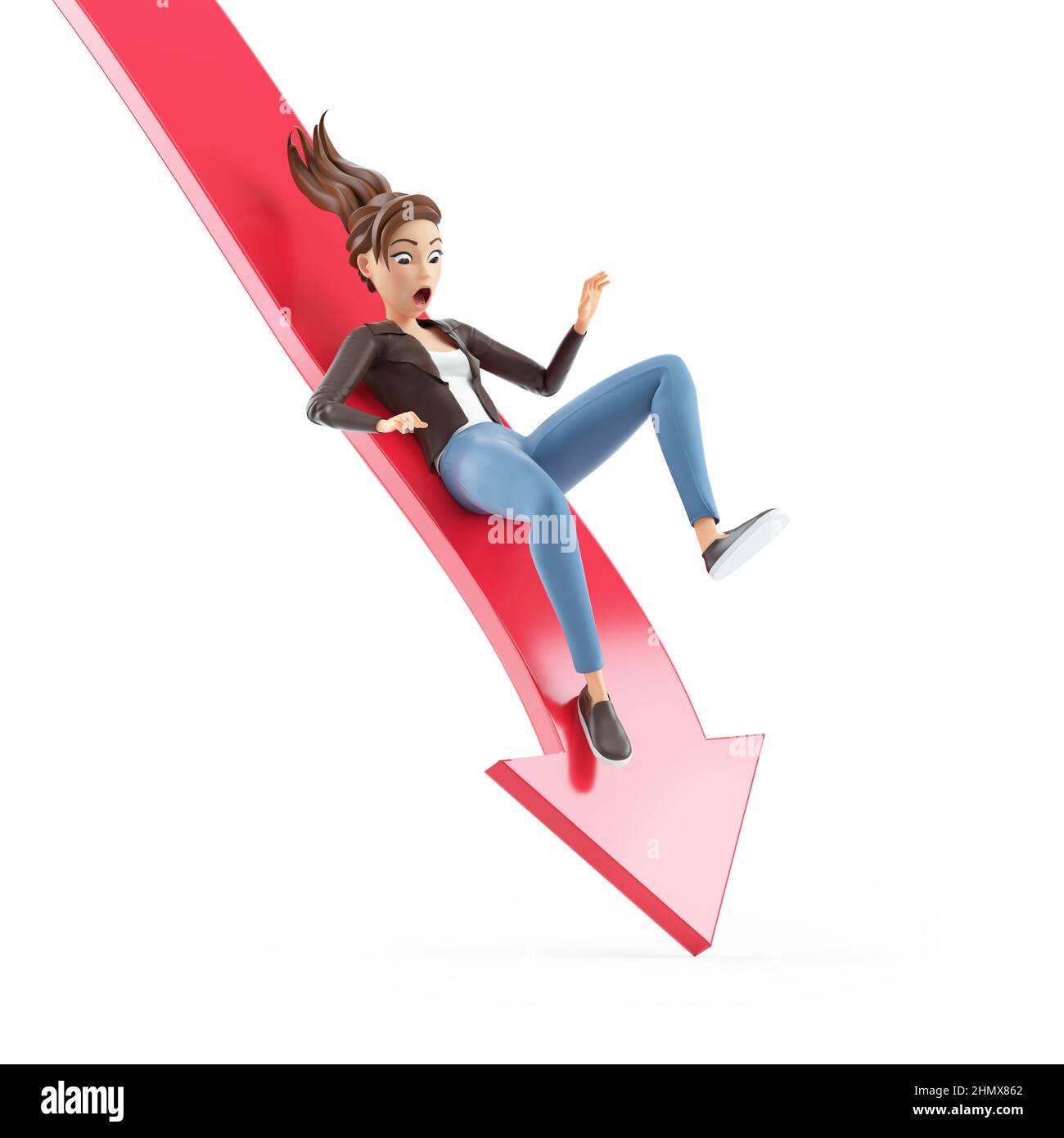 3D Cartoon-Frau fällt nach unten Pfeil, Illustration isoliert auf weißem Hintergrund Stockfoto