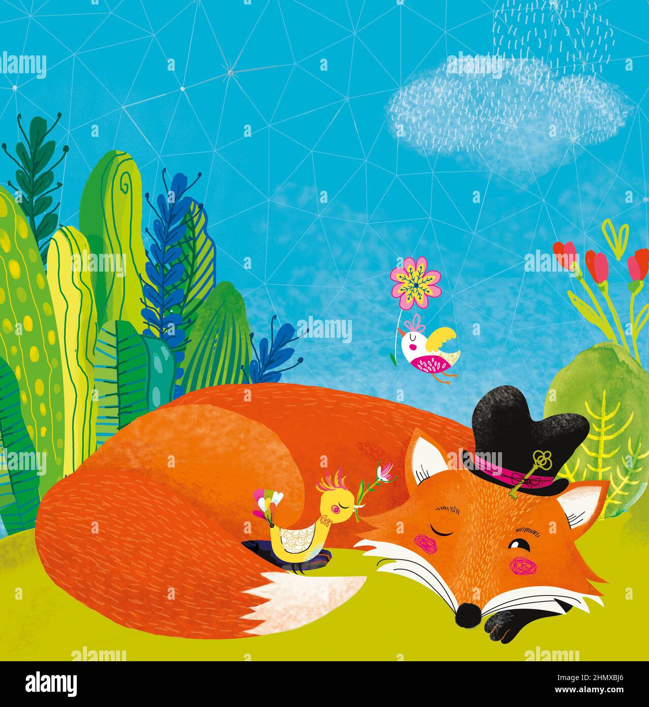 Illustration von Mr. Fox Sleeping, Summer, Spring. Postkarte, skandinavischer Stil Stockfoto
