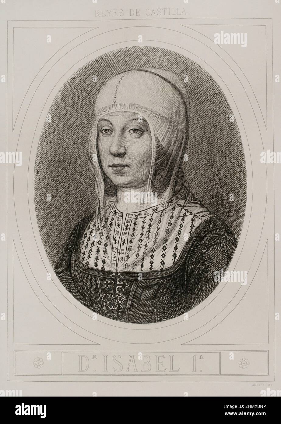 Isabella I. (1451-1504). Königin von Kastilien (1474-1504). Königin Gemahlin von Aragon für ihre Ehe mit Ferdinand II. Von Aragon. Hochformat. Gravur von Masson. Lithographie von Magín Pujadas. Historia General de España, von Modesto Lafuente. Band II. Veröffentlicht in Barcelona, 1879. Autor: Antoine Masson (1636-1700). Französischer Künstler. Stockfoto