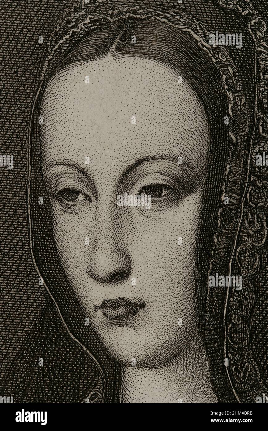 Joanna von Kastilien (bekannt als Joanna der Mad) (1479-1555). Königin von Kastilien (1504-1555) und Aragon (ab 1516), Tochter der Katholischen Könige. Ehefrau von Philipp dem Schönen. Hochformat. Gravur von Masson. Lithographie von Magín Pujadas. Details. 'Historia General de España', von Modesto Lafuente. Band II. Veröffentlicht in Barcelona, 1879. Autor: Antoine Masson (1636-1700). Französischer Künstler. Stockfoto