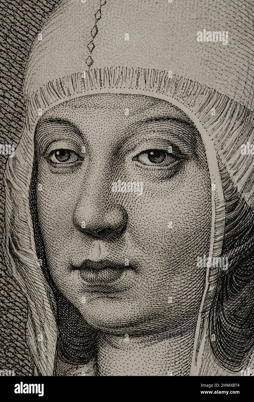 Isabella I. (1451-1504). Königin von Kastilien (1474-1504). Königin Gemahlin von Aragon für ihre Ehe mit Ferdinand II. Von Aragon. Hochformat. Gravur von Masson. Lithographie von Magín Pujadas. Details. Historia General de España, von Modesto Lafuente. Band II. Veröffentlicht in Barcelona, 1879. Autor: Antoine Masson (1636-1700). Französischer Künstler. Stockfoto