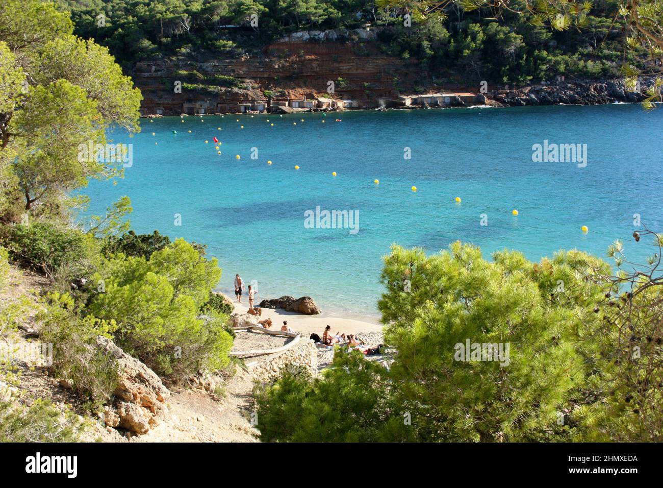 Die hellen Farben des berühmten strandes cala Saladeta auf ibiza auf den balearen Stockfoto