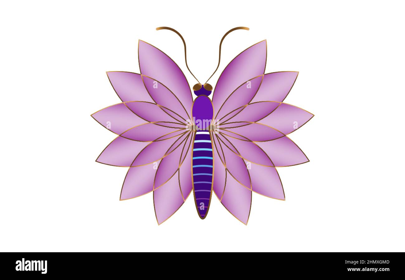 Logo-Schriftzug „lotus Butterfly“ mit farbenfroher Blumenvorlage „Butterfly“ in Violett. Vektor-Design für Mode, Poster und Kartendrucke, isoliert auf Weiß Stock Vektor