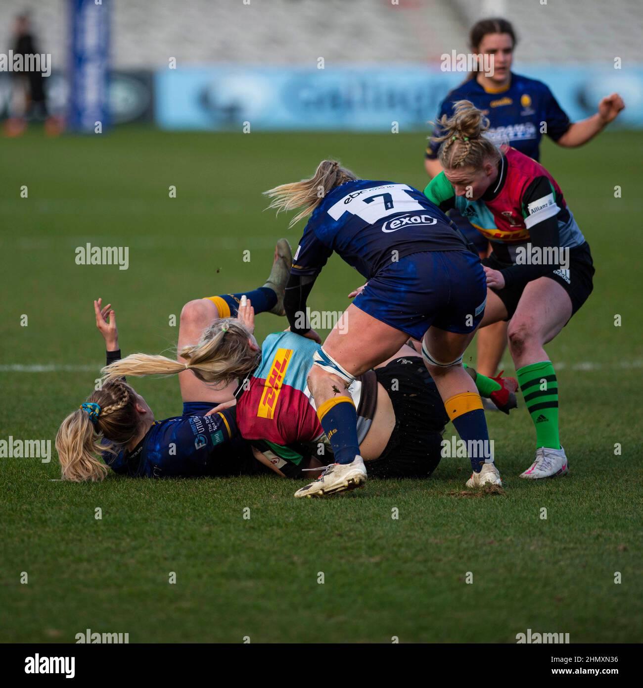 Harlequins Women vs Worcester Warriors Women's Allianz Premier 15s London, England Februar 12th 2022: Spielaktion zwischen Harlequins Women vs Worcester Warriors in Twickenham Stoop . Endergebnis: Harlequins Rugby 42 : 15 Worcester Warriors Stockfoto