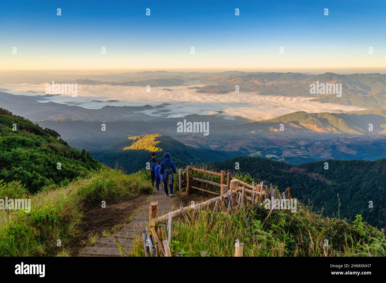 Tropischer Wald Natur Landschaft Blick mit Touren Bergkette und bewegte Wolke Nebel Kew Mae Pan Naturlehrpfad, Doi Inthanon, Chiang Mai Thailan Stockfoto