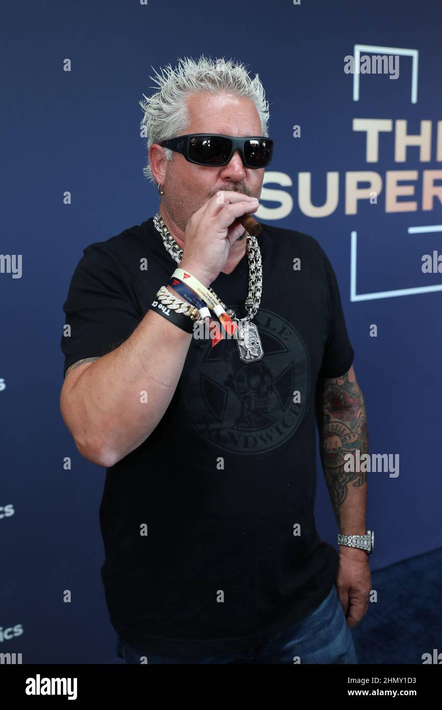 Los Angeles, USA. 12th. Februar 2022. Guy Fieri trifft am Samstag, den 12. Februar 2022, auf der Super Bowl Party von Michael Rubin um 3Labs Uhr in Culver City, Kalifornien, ein. (Foto von Conor Duffy/Sipa USA) Quelle: SIPA USA/Alamy Live News Stockfoto