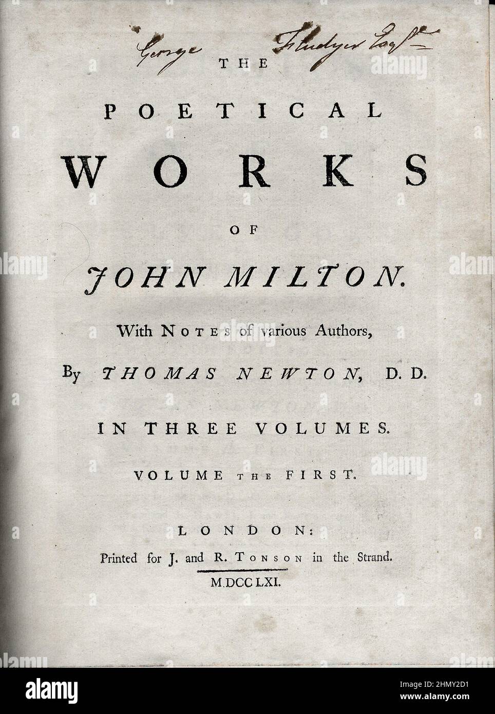 Titelseite einer Ausgabe von 1752–1761 von 'The Poetical Works of John Milton with Notes of Various Authors by Thomas Newton'. Stockfoto