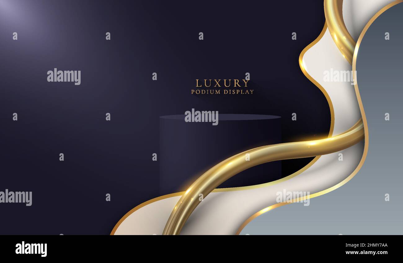3D realistische Luxus Podium Plattformen Display mit weißen und grauen Wellenform und goldenen Glitter geschwungene Linie Licht Funken auf dunkelviolettem Hintergrund Stock Vektor