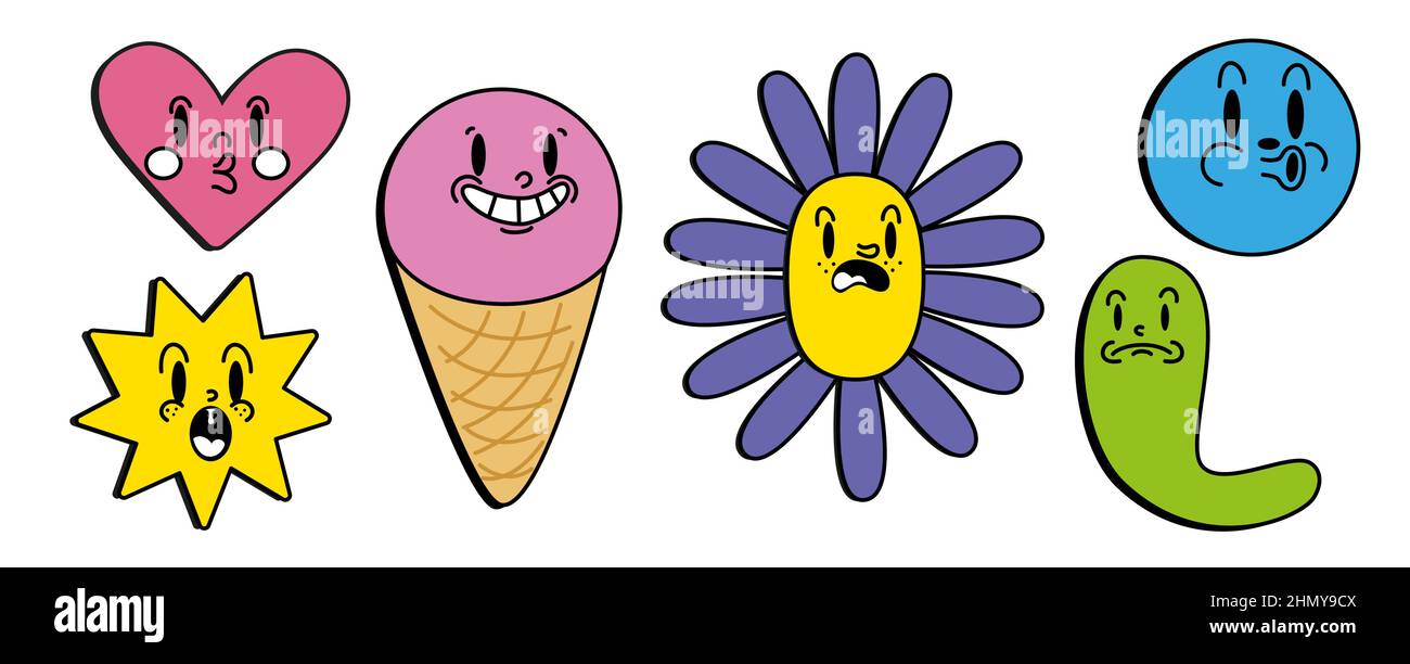 Retro 30s Cartoon und Comics Figuren Gesichter. Traditionelle Maskottchen Emotionen Aufkleber. Vintage-Zeichen zur Trenddarstellung. Stock Vektor