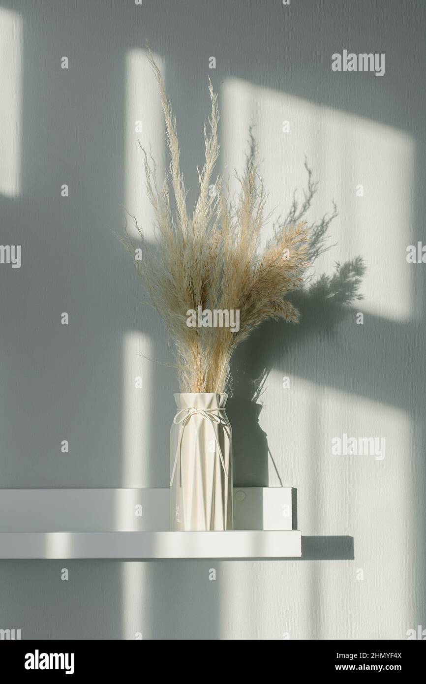 Inneneinrichtung mit Blumenmuster. Getrocknete Blumen in Vase auf weißem Regal. Hintergrund mit Schattenleuchten. Stillleben, Minimal Konzept Stockfoto