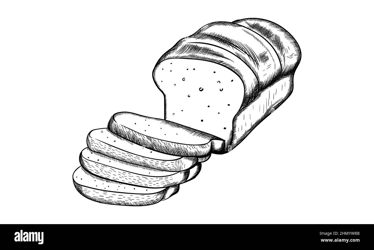 Brotaufschnitt-Backwaren-Icon-Set, Linie und schwarzer Glyphen-Stil. Handgezeichnete Skizze frisches Weizenbrot Symbol. Flaches Food-Design ansehen. Stock Vektor