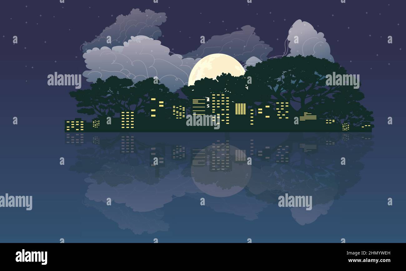 Vektor-Illustration der Silhouette der Nacht Stadt Straße mit Lichtfenster und Brücke auf dunkelblauen Himmel Hintergrund mit Wolke und Vollmond leuchten. Stock Vektor