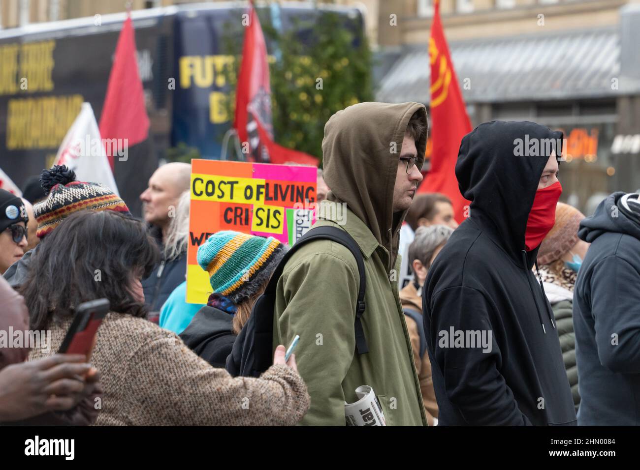 Protest zur „Cost of Living Crisis“ in Newcastle upon Tyne, Großbritannien, gegen steigende Preise und Inflation, organisiert von der Volksversammlung. Stockfoto
