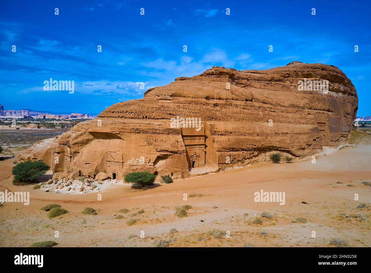 Saudi-Arabien, Region Al Madinah, Alula oder Al Ula, Nabateische Grabstätte in Hegra (Madain Saleh), Grab von Jabal AlBanat Stockfoto