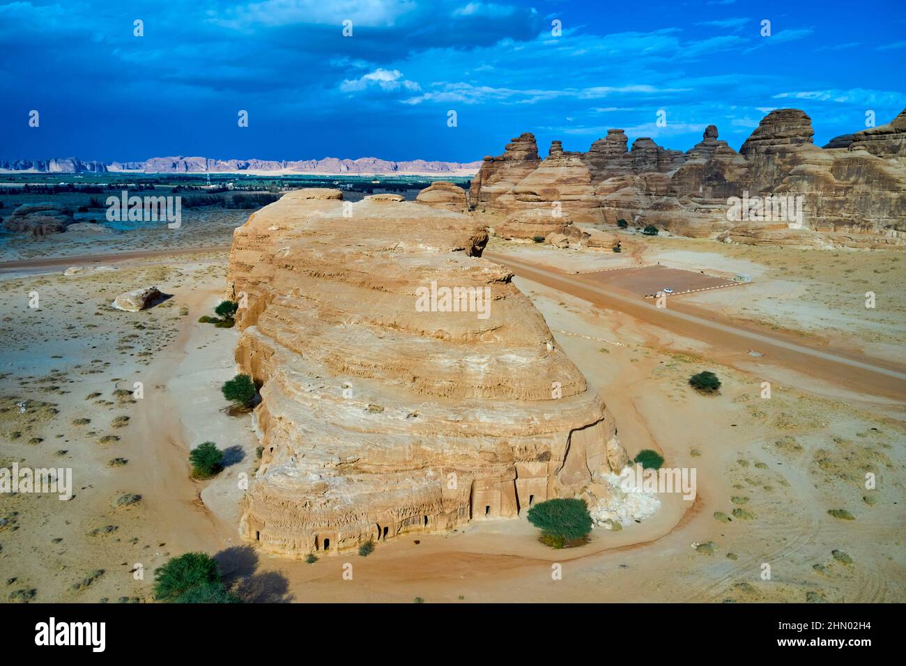Saudi-Arabien, Region Al Madinah, Alula oder Al Ula, Nabateische Grabstätte in Hegra (Madain Saleh), Grab von Jabal AlBanat Stockfoto