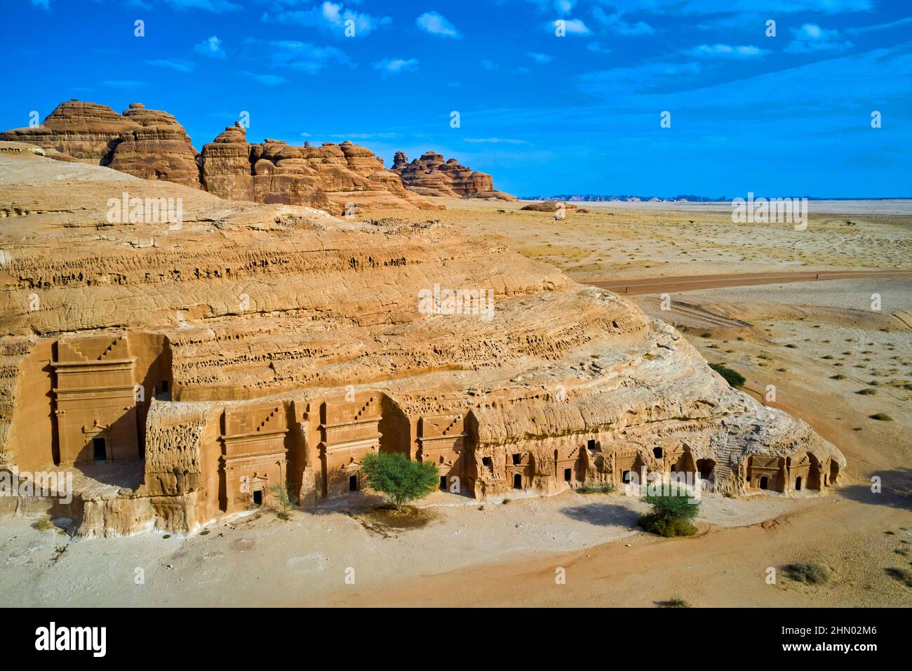Saudi-Arabien, Region Al Madinah, Alula oder Al Ula, Nabateische Grabstätte in Hegra (Madain Saleh), Grab von Jabal AlBanat Stockfoto