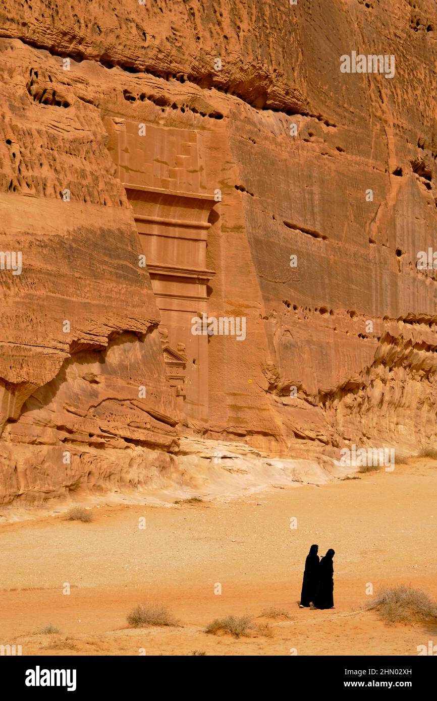 Saudi-Arabien, Region Al Madinah, Alula oder Al Ula, Nabateische Grabstätte in Hegra (Madain Saleh), Grab von Jabal AlBanat Stockfoto
