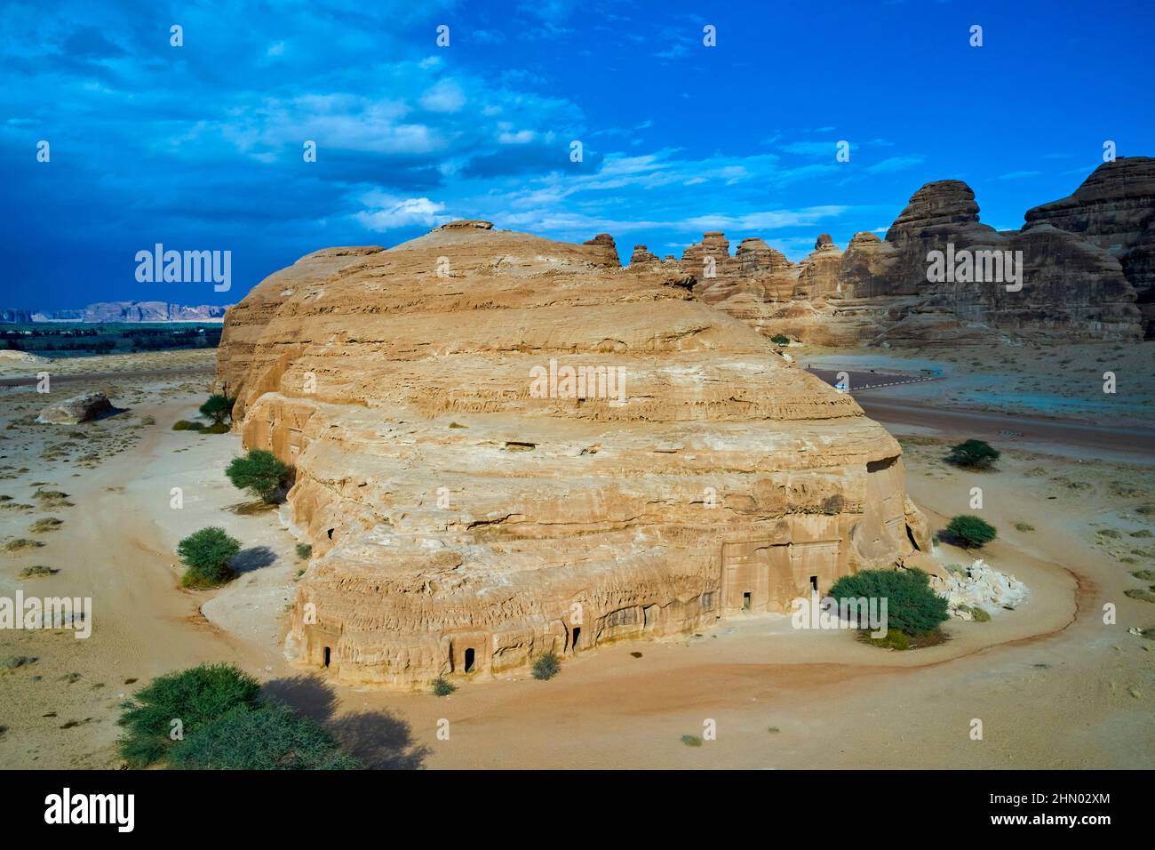 Saudi-Arabien, Region Al Madinah, Alula oder Al Ula, Nabateische Grabstätte in Hegra (Madain Saleh), Grab von Jabal AlBanat Stockfoto