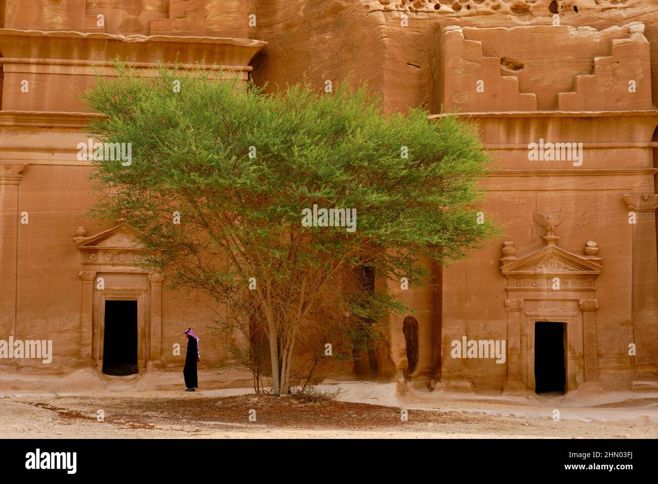 Saudi-Arabien, Region Al Madinah, Alula oder Al Ula, Nabateische Grabstätte in Hegra (Madain Saleh), Grab von Jabal AlBanat Stockfoto