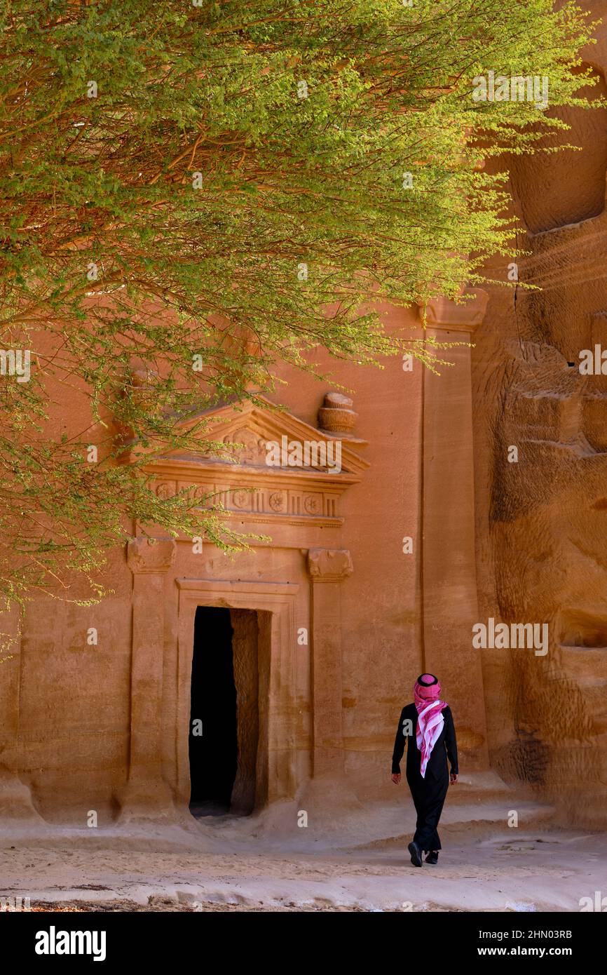 Saudi-Arabien, Region Al Madinah, Alula oder Al Ula, Nabateische Grabstätte in Hegra (Madain Saleh), Grab von Jabal AlBanat Stockfoto