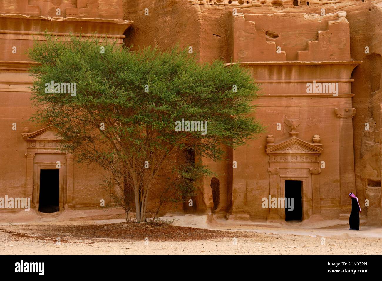Saudi-Arabien, Region Al Madinah, Alula oder Al Ula, Nabateische Grabstätte in Hegra (Madain Saleh), Grab von Jabal AlBanat Stockfoto