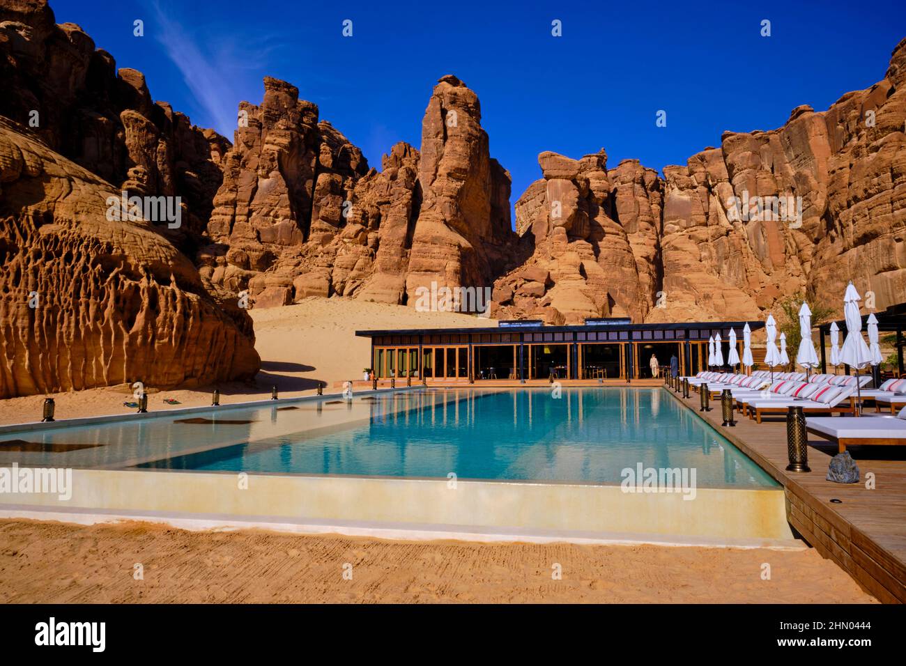 Saudi-Arabien, Region Al Madinah, Alula oder Al Ula, Habitas Hotel Stockfoto