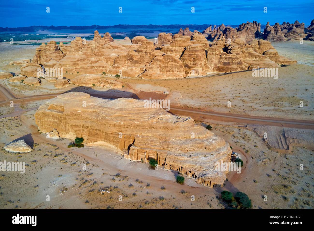 Saudi-Arabien, Region Al Madinah, Alula oder Al Ula, Nabateische Grabstätte in Hegra (Madain Saleh), Grab von Jabal AlBanat Stockfoto