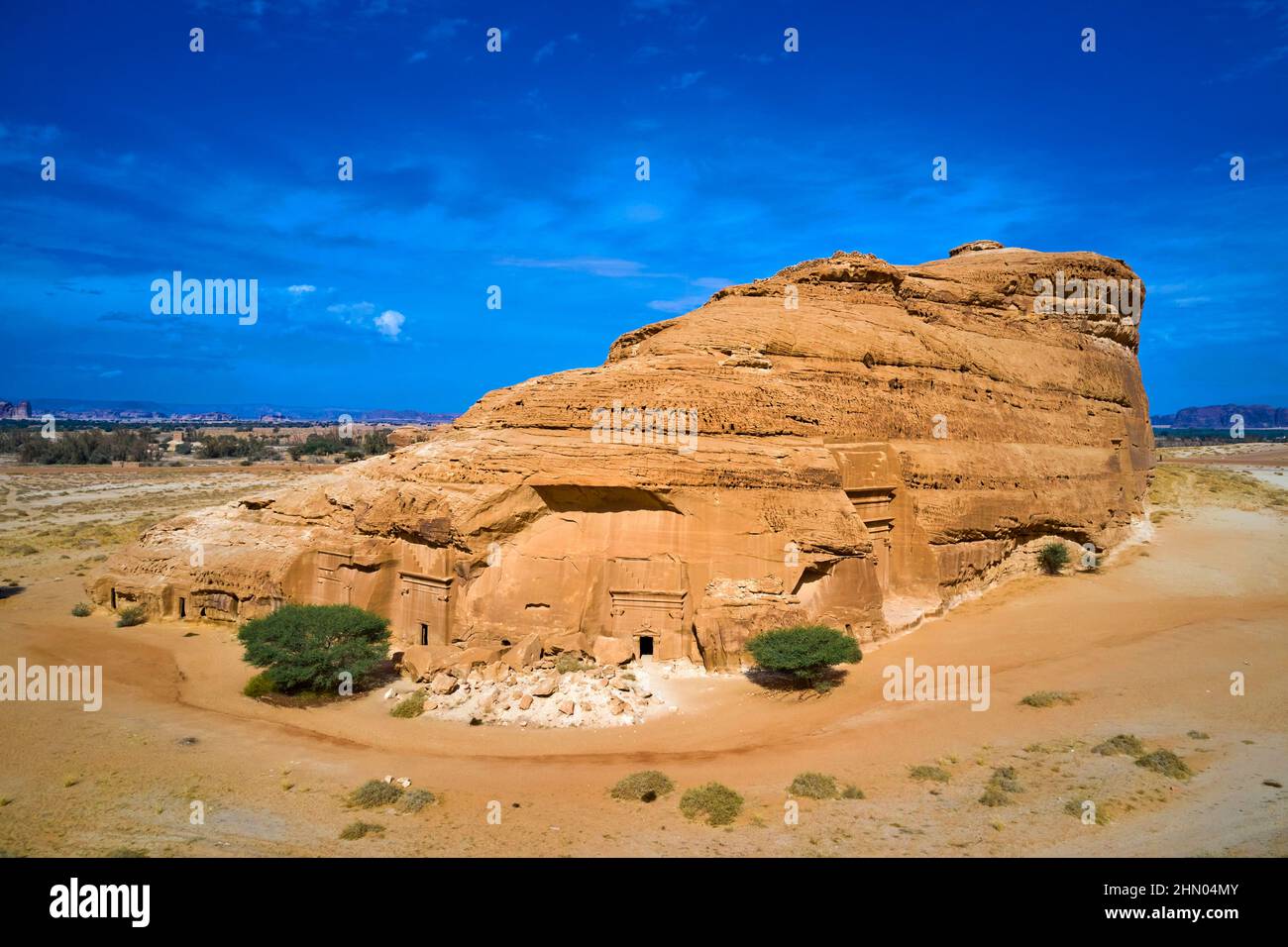 Saudi-Arabien, Region Al Madinah, Alula oder Al Ula, Nabateische Grabstätte in Hegra (Madain Saleh), Grab von Jabal AlBanat Stockfoto