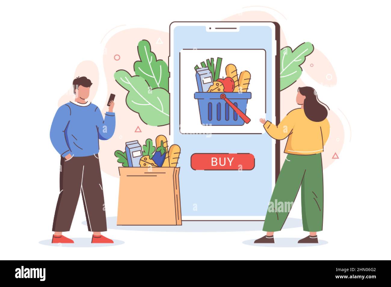 Flat Menschen bestellen Lebensmittel online. Einkaufen über mobile  Anwendung. Internet-Einkäufe mit Lieferung nach Hause aus Supermarkt.  Smartphone-Bildschirm mit Kauftaste und Korb voller Produkte  Stock-Vektorgrafik - Alamy