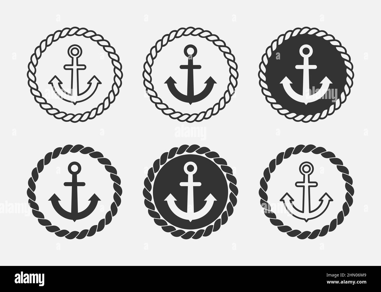 Anker- und Seilkreis-Logosatz. Symbolgruppe für nautisches Thema. Segeln und Meer Vintage Design-Elemente. Marine-Emblem oder -Abzeichen. Rundseil mit Anker Stock Vektor
