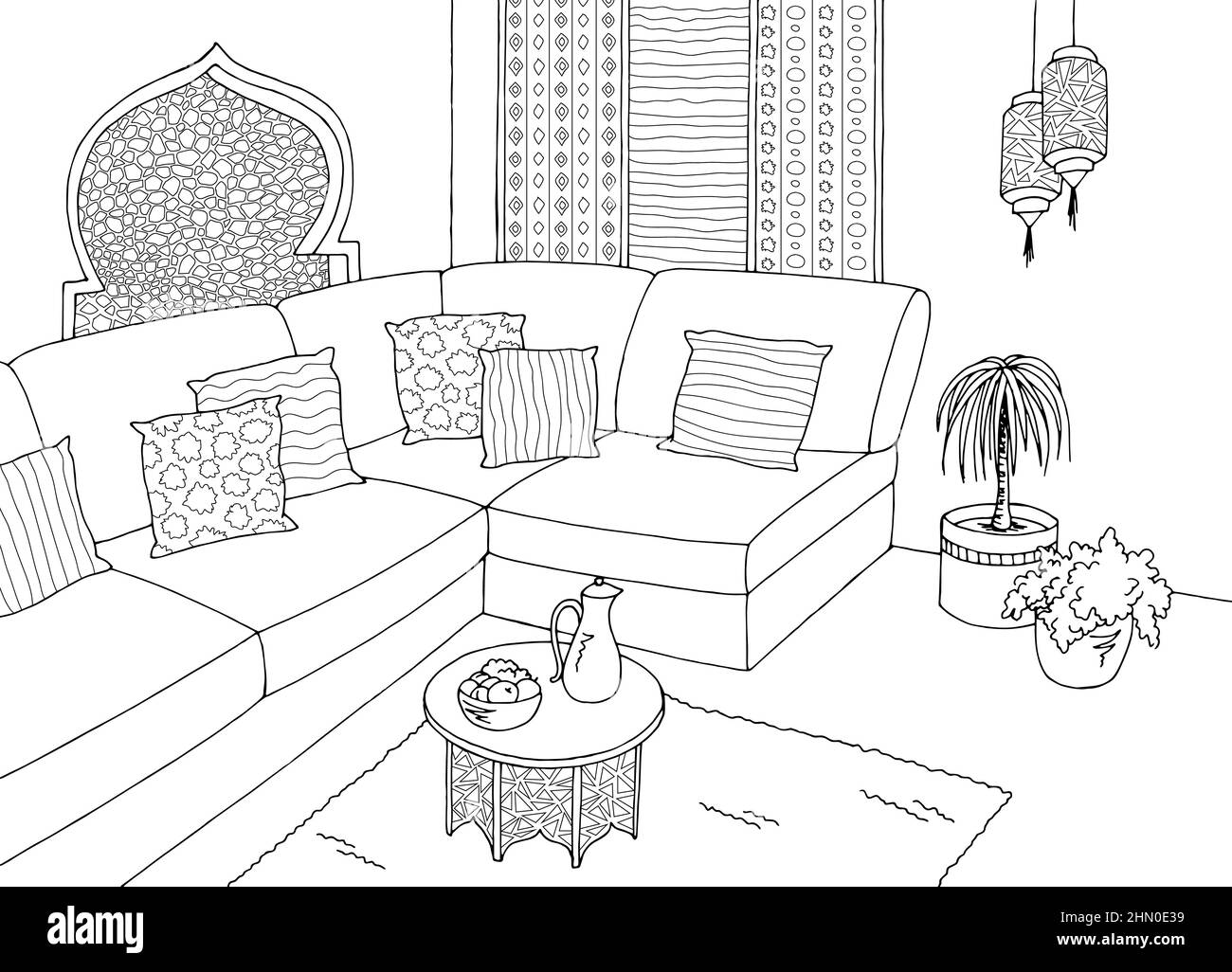 Wohnzimmer Grafik schwarz weiß arabisch Heim Interieur Skizze Illustration vektor Stock Vektor