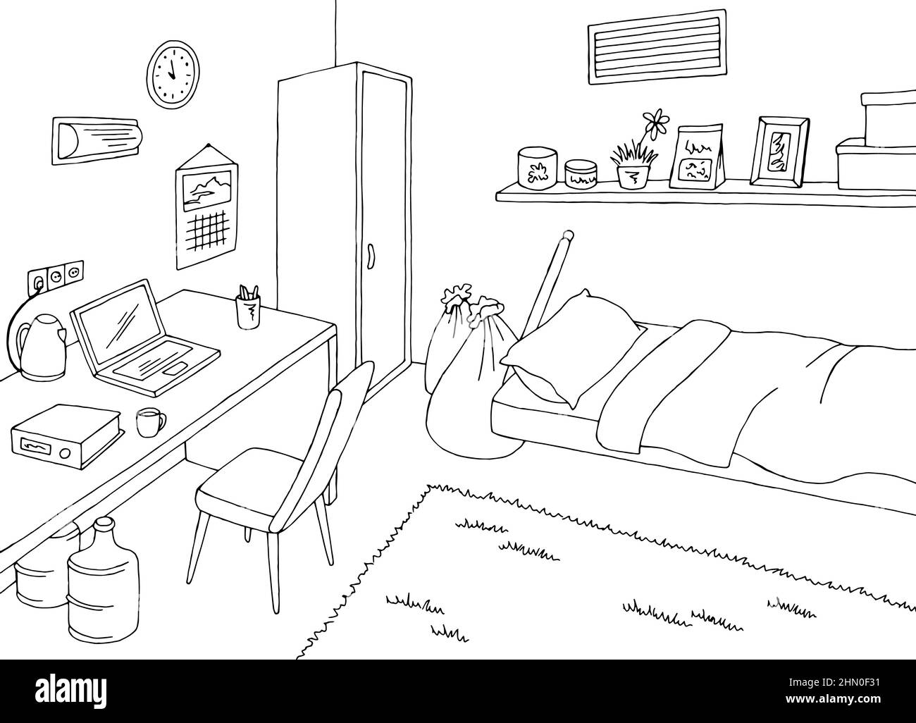 Bunker Innengrafik schwarz weiß Skizze Illustration Vektor Stock Vektor