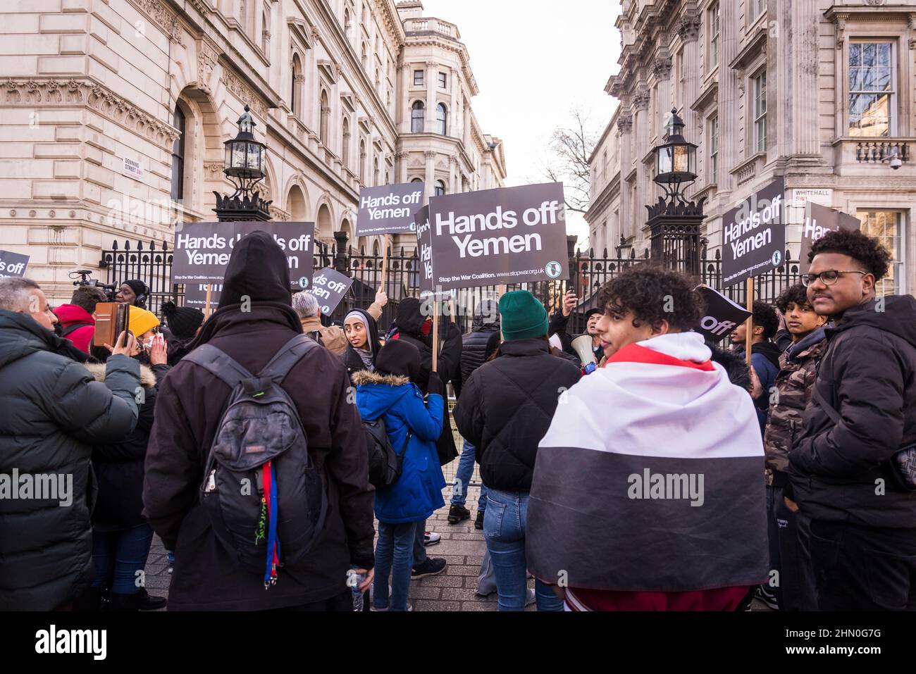 Protest gegen die militärische Hilfe des Vereinigten Königreichs für die saudische Intervention im Jemen, Downing Street, London, Großbritannien Stockfoto