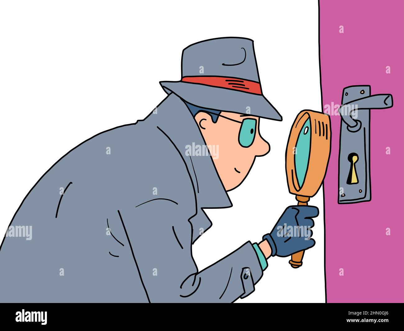 Detektive Vergrößerungsglas guckt durch das Schlüsselloch der Tür. Ein Privatdetektiv, ein Mann in Mantel, Hut und Brille Stock Vektor