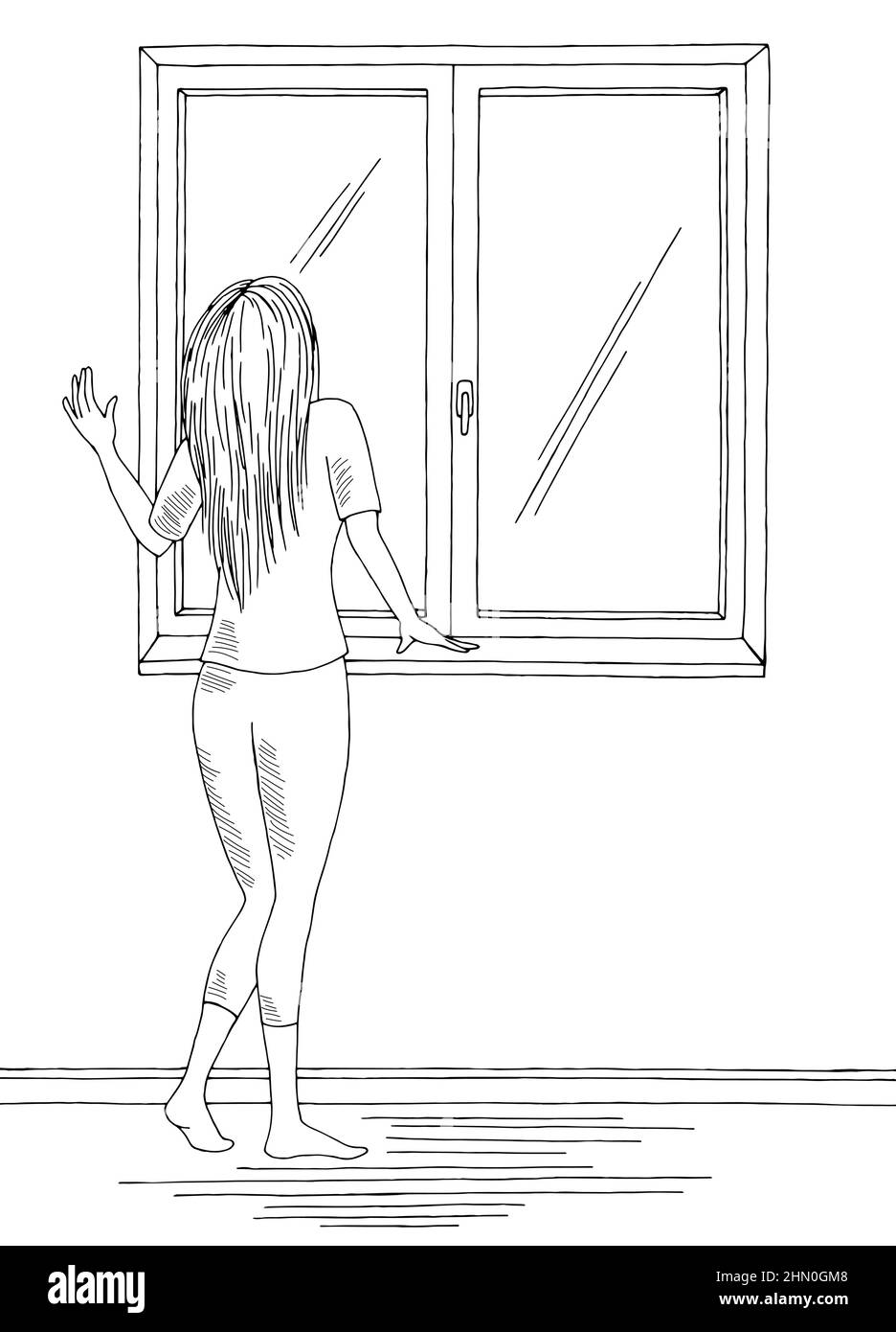 Frau zu Hause bleiben Blick aus dem Fenster Grafik schwarz weiß Skizze Illustration Vektor Stock Vektor
