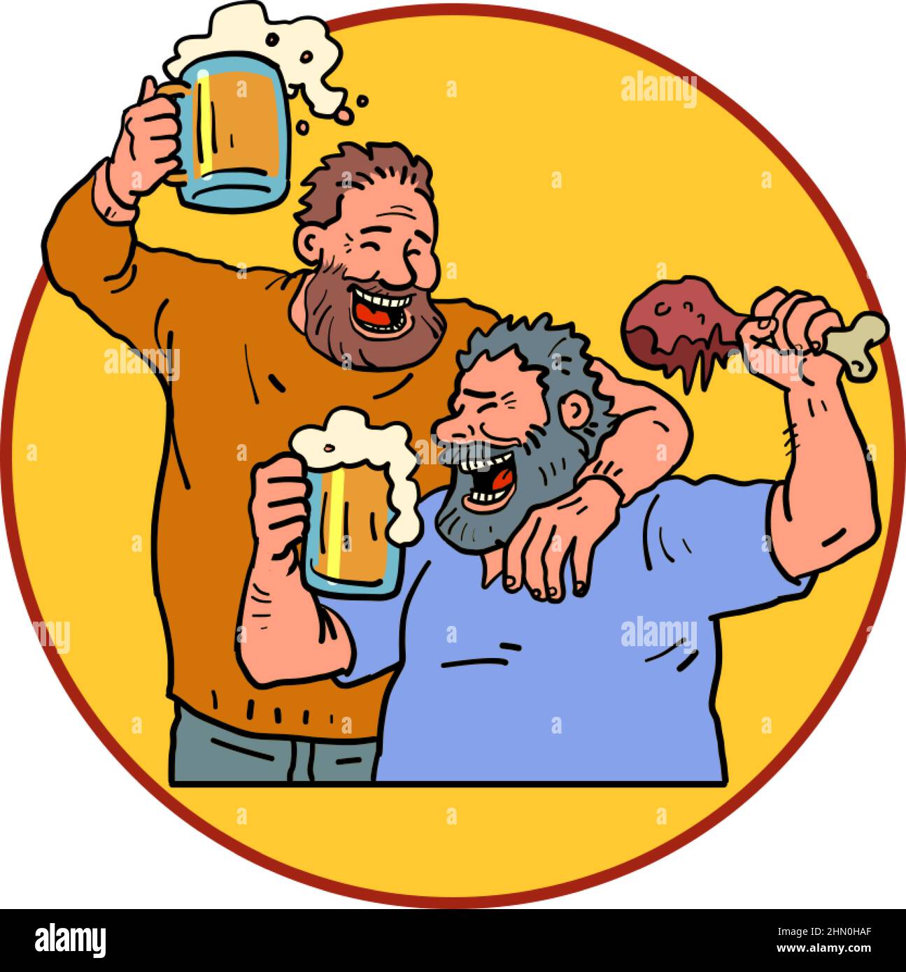 Bierfest, oktoberfest. Männer essen Fleisch und trinken Bier Stock Vektor