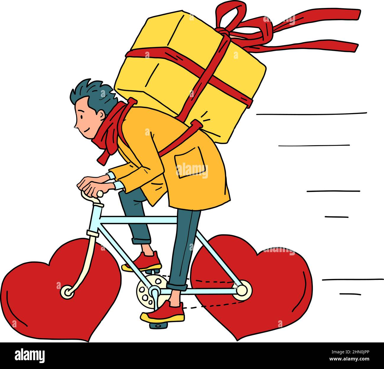 Lieferung von Lebensmitteln per Kurier auf einem Fahrrad, Valentinstag. Rotes Herz statt Räder Stock Vektor