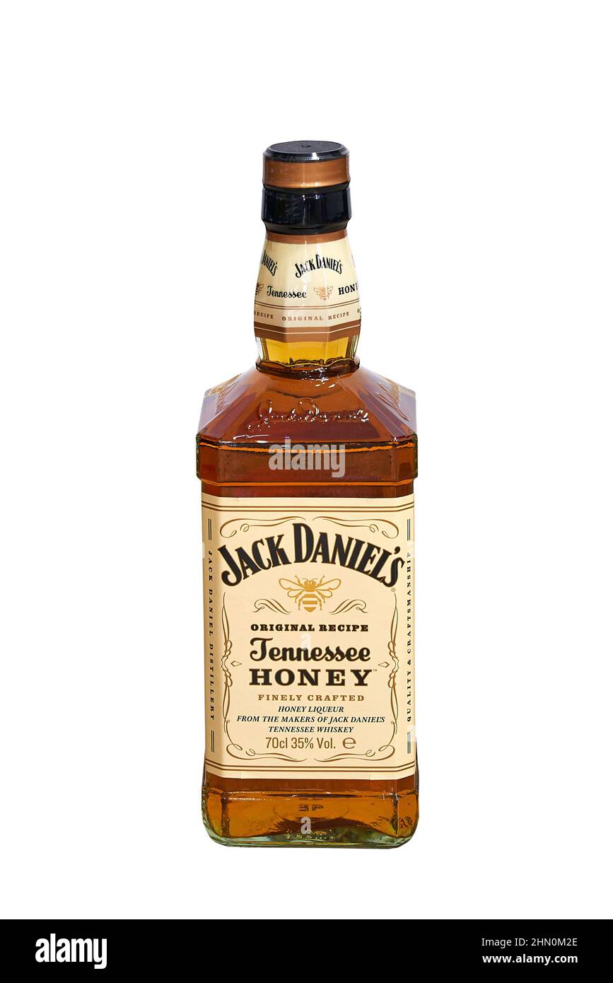 Brüssel, Belgien -12 Februar 2022; Flasche Jack Daniels mit Honiggeschmack. Originalrezept von den Herstellern von Tennessee Whisky Stockfoto