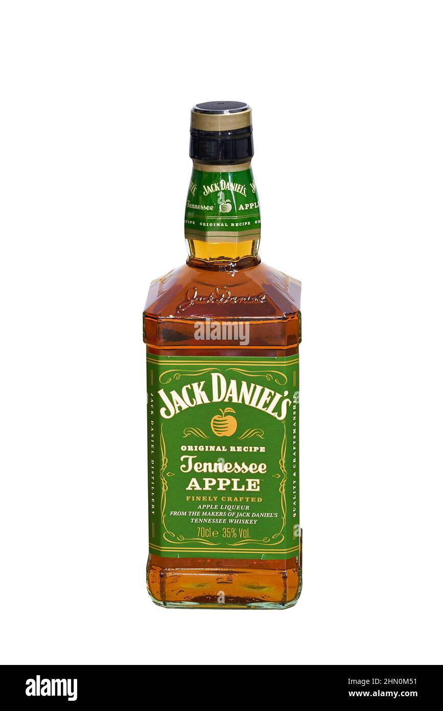 Brüssel, Belgien -12 Februar 2022; Flasche Jack Daniels mit Apfelgeschmack. Originalrezept von den Herstellern von Tennessee Whisky Stockfoto
