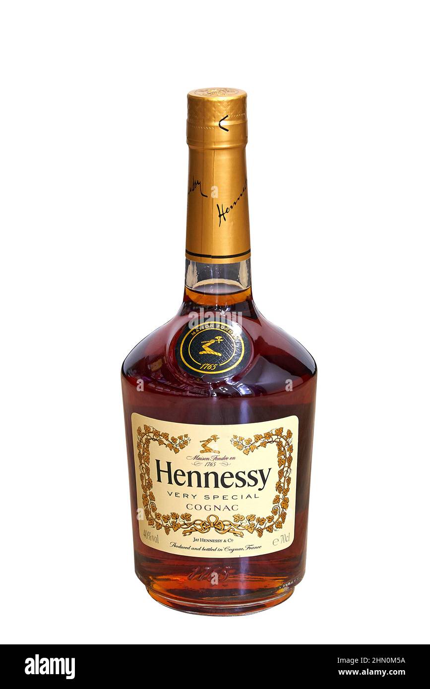 Brüssel, Belgien -12. Februar 2022; Flasche Cognac Hennessy. Hergestellt und abgefüllt in Cognac, Frankreich Stockfoto