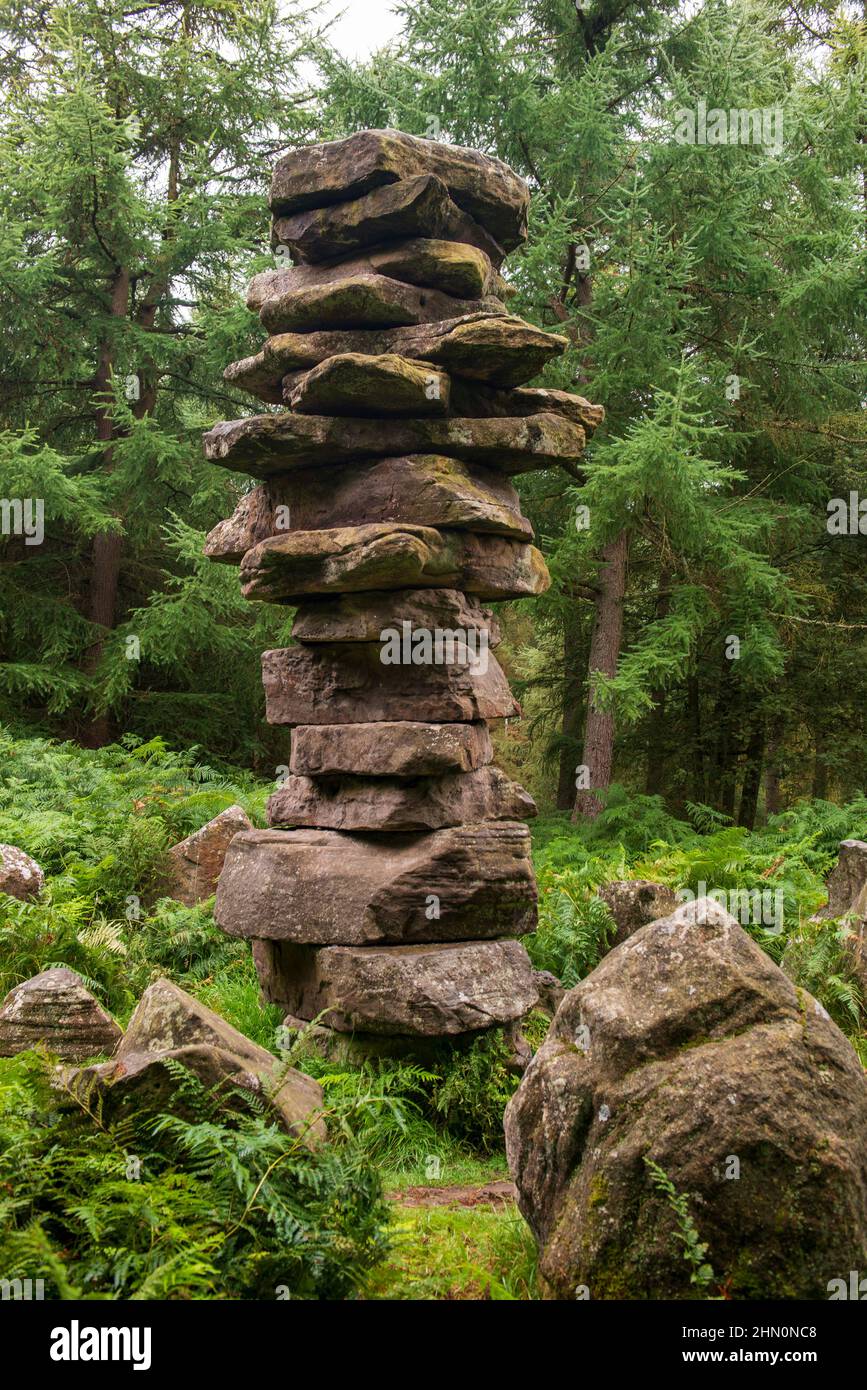 Der Turm eine Felssäule, die Teil des Druidentempels ist, eine Torheit in der Nähe von Masham in North Yorkshire Stockfoto