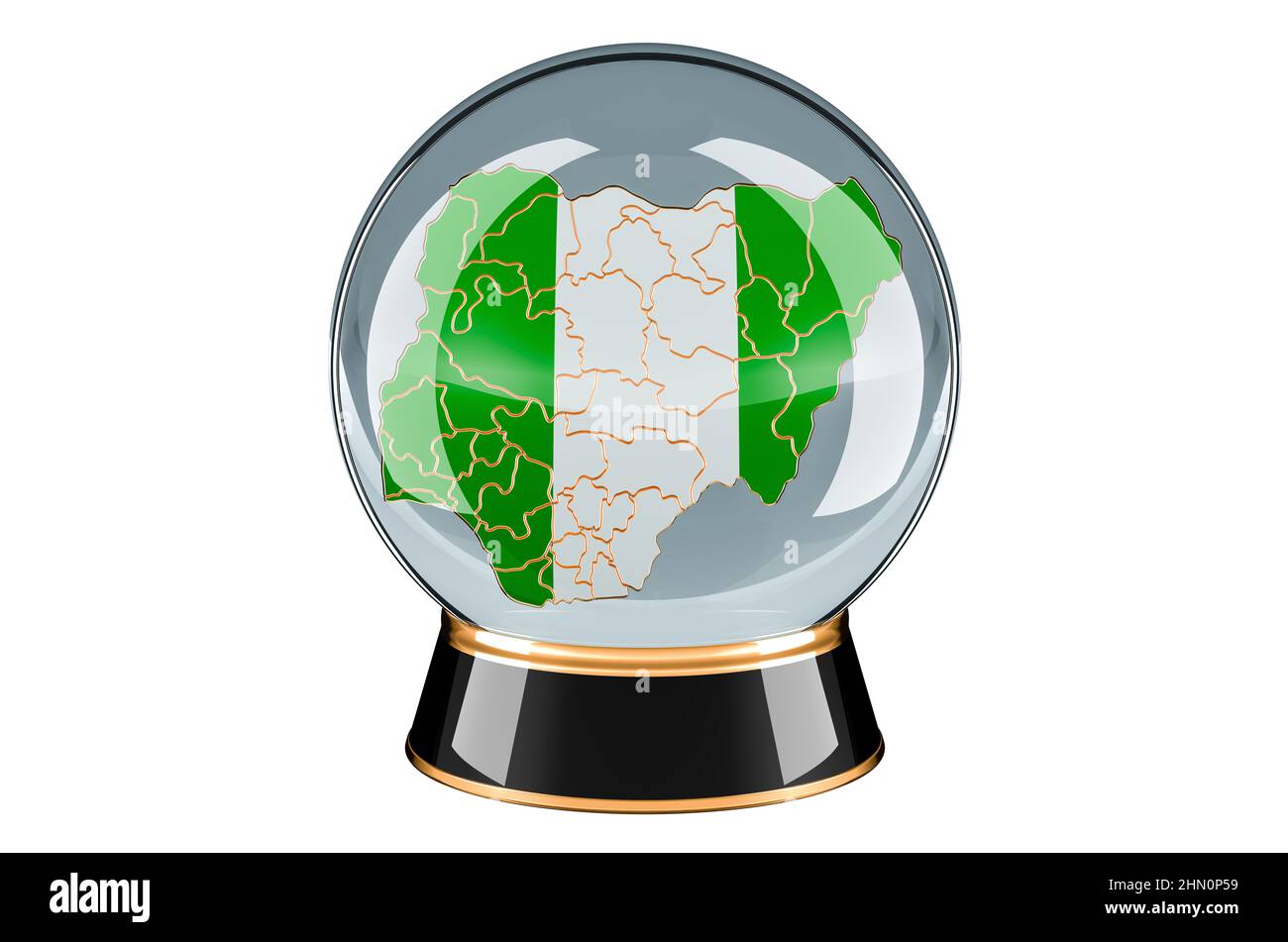 Kristallkugel mit nigrischem Stadtplan. Prognose und Vorhersage für Nigeria, Konzept. 3D Darstellung isoliert auf weißem Hintergrund Stockfoto