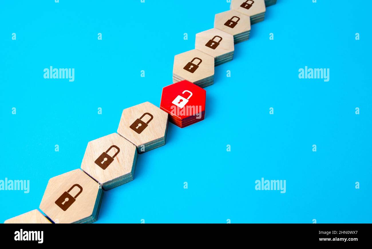 Die Sicherheitskette hat zu einem Zusammenbruch geführt. Sicherheitsnetzwerk gefährdet. Hacker-Angriff. Softwareschwachstellen. Kritische Schwachstelle. Fehler und Programmfehler Stockfoto