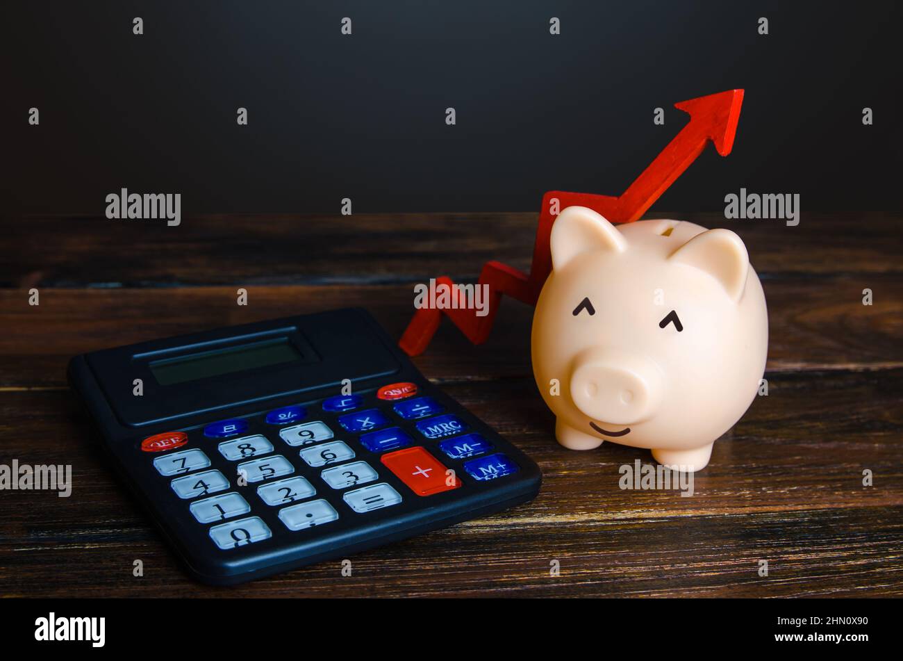 Happy Sparschwein und ein Rechner. Wachstum der Einsparungen. Bereicherung und Wohlstand. Erfolgreiche, profitable Investition. Einlagengeschäft. Sparen Sie Geld und mehr ef Stockfoto