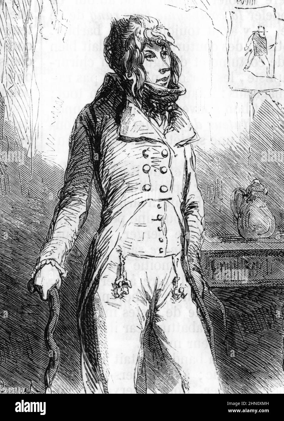 Portrait de Rouge d'Auneau Chef de la Bande des chauffeurs d'Orgeres au 18eme siecle, Bande de malfaiteurs, specializee dans les cambriolages (Francois Ringette) (Cportrait eines berühmten Chefs des Chauffeurs, Typ des französischen Verbrechers, der seit dem 18th. Bis zum 20th. Jahrhundert aktiv war - in Banden, Sie führten Hausinvasionen in abgelegenen ländlichen Wohnhäusern durch, folterten dann die Haushälter, um die Verstecke von Ersparnissen oder Wertsachen aufzudecken.) Gravure tiree de ' causes camebres de tous les peuples' d'Armand Fouquier 1862 Collection privee Stockfoto