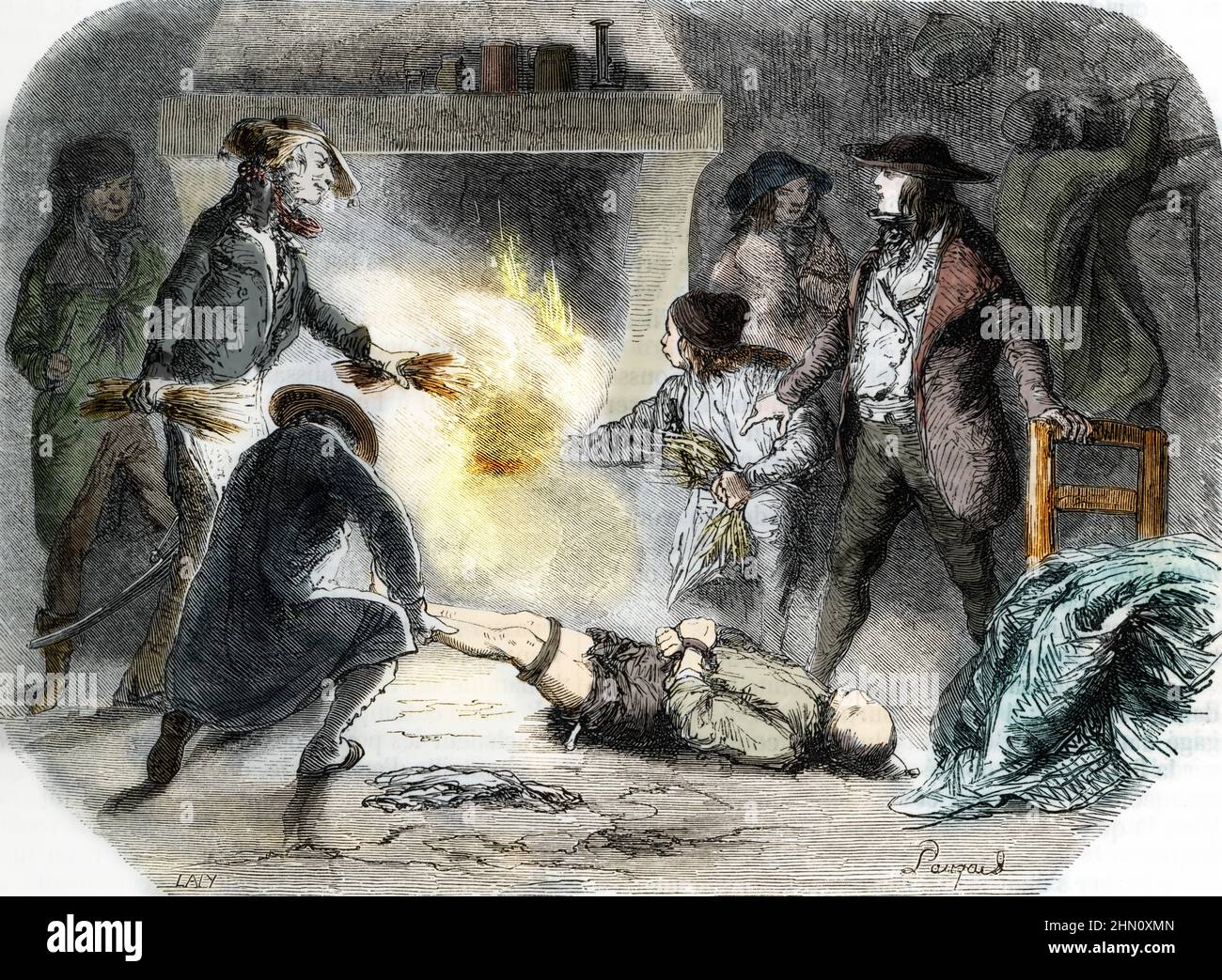 „Le chauffage“ Representation des chauffeurs au travail, Bande de malfaiteurs, specializes dans les cambriolages, ici en train de torturer leurs victime en la brulant pour qu'elle dise ou se trouve leurs biens (Chauffeur-Typ des französischen Verbrechers, der seit dem 18th. Bis zum 20th. Jahrhundert in Banden aktiv war, Sie führten Hausinvasionen in abgelegenen ländlichen Wohnhäusern durch, folterten dann die Haushälter, um die Verstecke von Ersparnissen oder Wertsachen aufzudecken.) Gravure tiree de ' causes camebres de tous les peuples' d'Armand Fouquier 1862 Collection privee Stockfoto